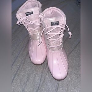 Baby pink sparkly sperry duck boots